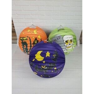 Vintage Halloween Paper Lanterns Set Of 3, Cat, Pumpkin, Skeleton Decor